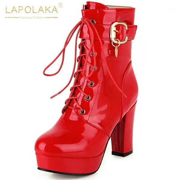 

lapolaka 2020 fashion new patent leather comfy boots women shoes thick high heels buckle zipper shoes ladies boots1, Black
