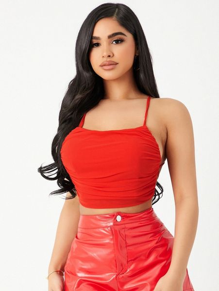 

ruched criss cross lace up backless crop cami q08j#, White