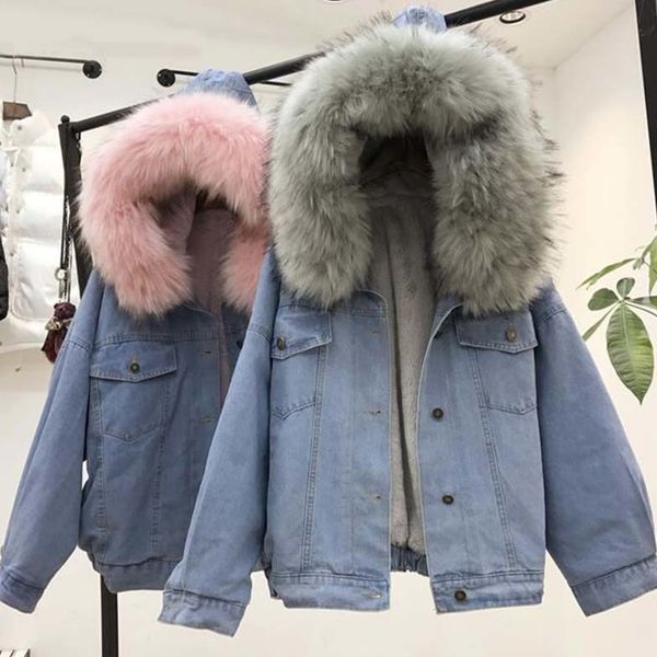 

women's denim jacket with fur winter jeans hooded velvet coat female faux fur collar padded warm jackets women dropshipping 201023, Black;brown