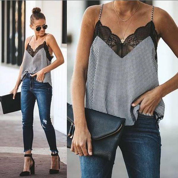 

2020 summer lace v neck vest women sleeveless casual loose tank female shirts plus size, White