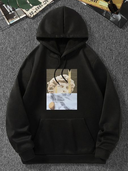 

men figure graphic kangaroo pocket drawstring thermal hoodie k8wx#, Black