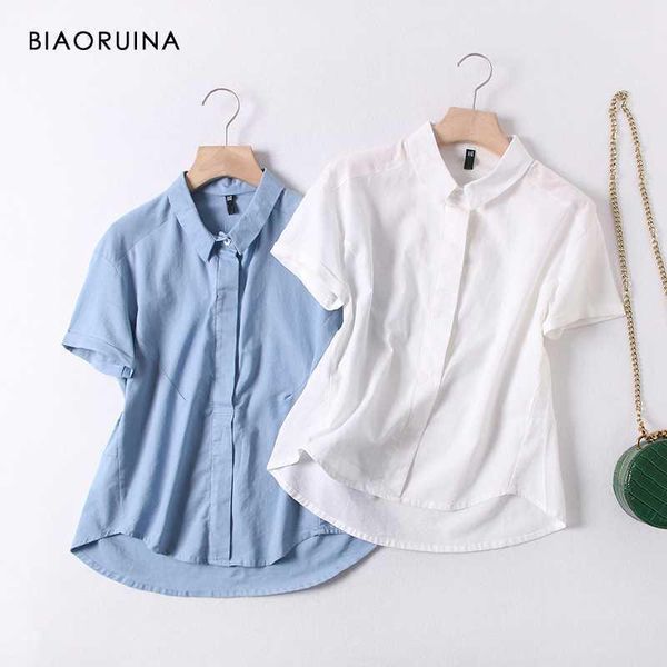 

biaoruina women's casual cotton linen solid color thin basic shirt turn-down collar short sleeve style elegant summer shirts1, White