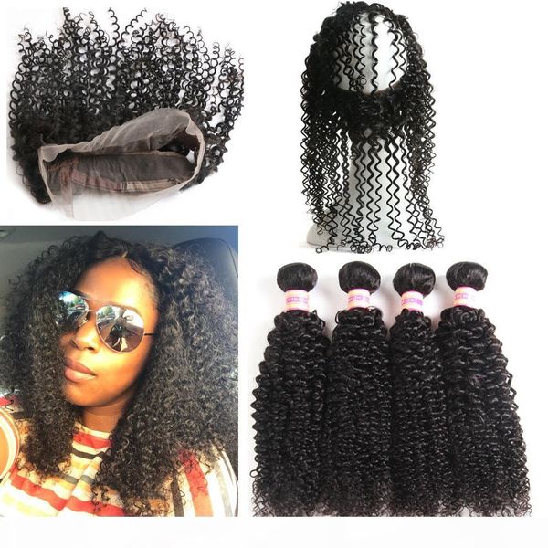 

mongolian kinky curly virgin hair 2 3 bundles with 360 lace frontal closure 100% brazilian peruvian malaysian indian mongolian kinky curly, Black;brown