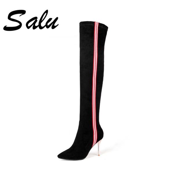 

boots salu 2021 elastic microfiber thigh high above knee women leggy long booties round toe out sole ladies shoes, Black