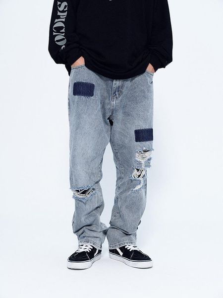 

firmranch men/women american casual beggar distressed jeans hip hop washed blue broken denim pants streetwear loose long jeans1