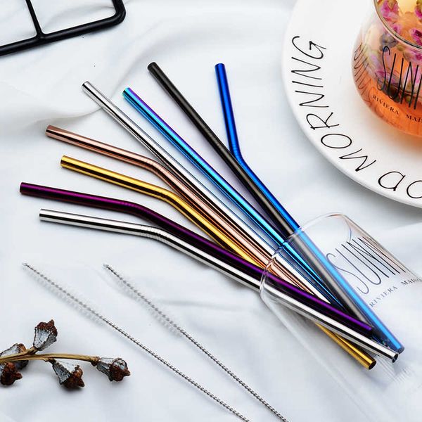 

colorful 6*215mm 304 stainless straws steel reusable metal straw cleaning brush home party wedding bar drinking tools barware