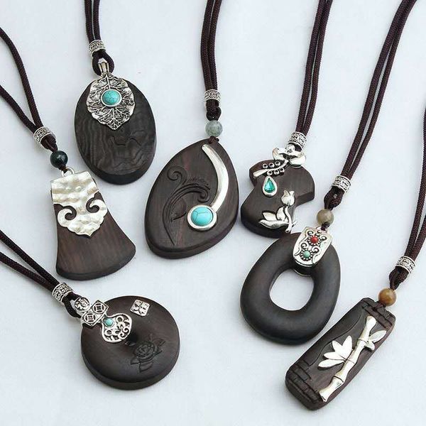 

foreign trade ethnic style simple ebony retro wooden pendant necklace, Silver