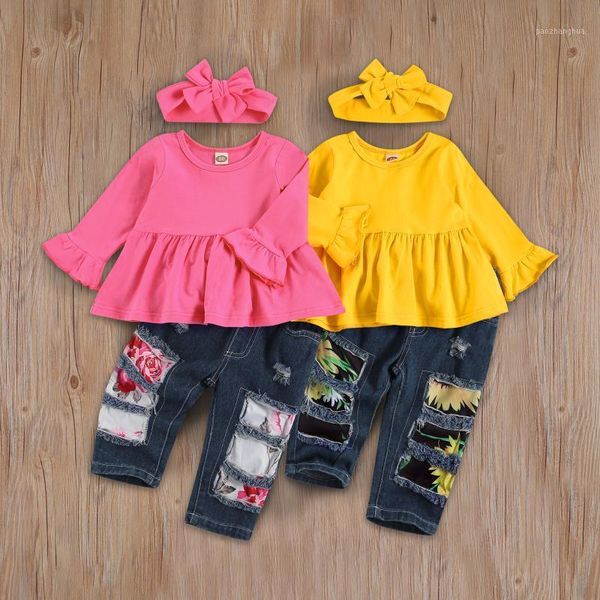 

clothing sets lovely born baby children's suit long sleeve round neck trumpet elastic head cut-out jeans with bowknot hairband1, White