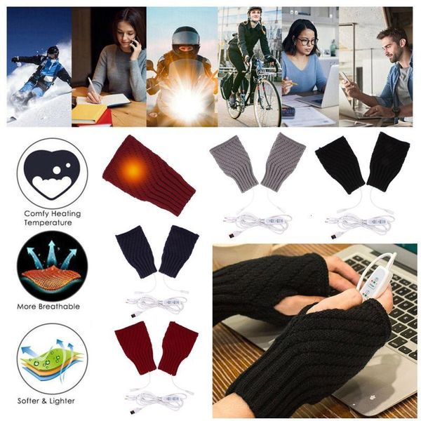 

women' gloves lapwomen men usb heated mitten half finger winter warm knitted hand gloves solid color fingerless, Blue;gray