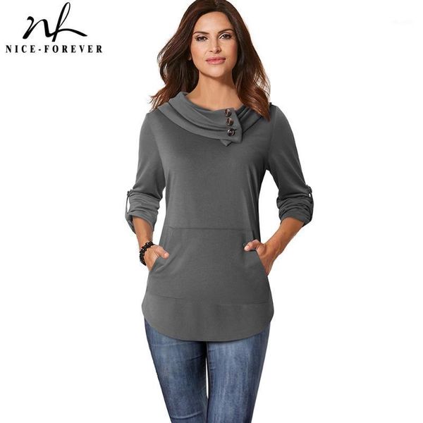 

nice-forever casual solid color with button t-shirts women autumn tees t0461, White