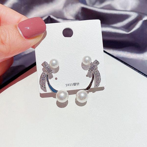 

migga micro paved cubic zirconia knot imitation pearl earrings for women white gold color studs jewelry, Golden;silver