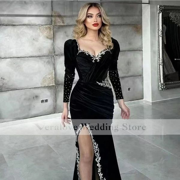 

long sleeves black dress for prom appliques lace beads evening wear party gowns slit custom african night wear