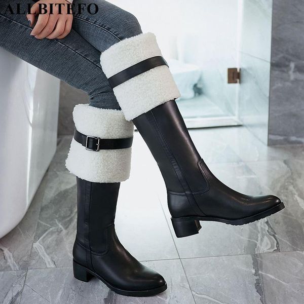 

boots allbitefo winter genuine leather+real wool womne knee high thick heels snow women heel shoes size:34-43, Black