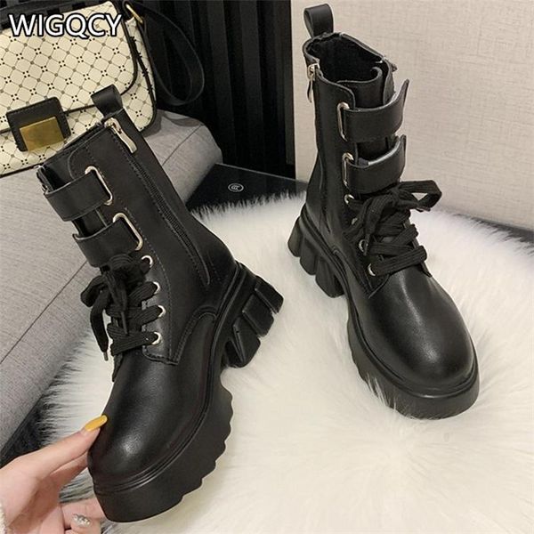 

boots 2021 winter fashion motorcycle wedge flat women's high heel platform black lace up ankle for women w629