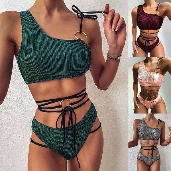 

2020 new women green silver pink burgundy bikini bodysuits bandage swim suit knitted biquini wholesale1, Black;white