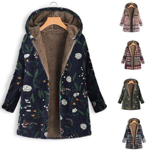 

women vintage printed jackets winter oversize plus velvet harajuku hooded coat loose thick warm outwear long jacket coats1, Black;brown