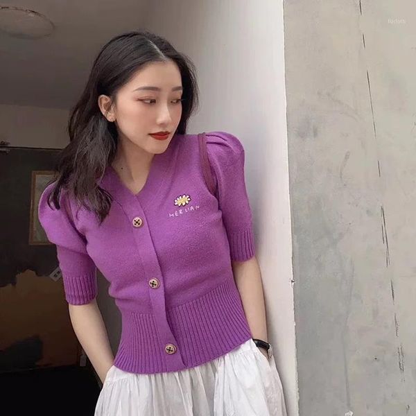 

purple sweater women short sleeve v-neck vintage daisy floral embroidery puff sleeve sweater coat spring knitted cardigan w6851, White
