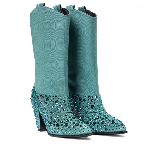 

deat 2020 new autumn and winter fashion casual solid color pointy wedge heel sleeve green diamonds women boots sg7741, Black