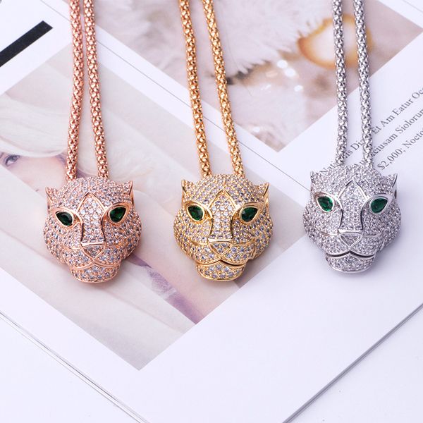 

full ice out zircon the leopard head with green diamond eyes hip hop pendant necklace women sweater chain, Silver