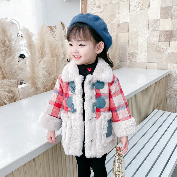 

children's coat autumn and winter fashion girl children's rabbit hair red plaid cotton comfortable coat, Blue;gray
