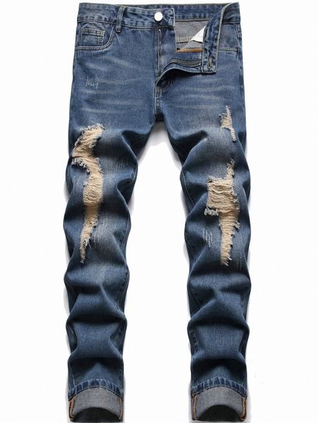 

men ripped washed straight leg jeans u6cd#, Blue