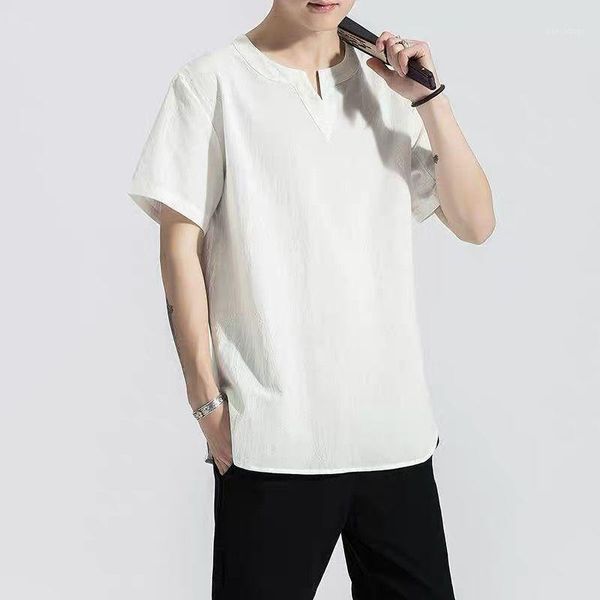 

2020 summer men shirt baggy cotton linen solid short sleeve v-neck retro blouse streetwear shirts plus size clothes -8xl1, White;black