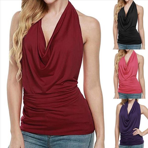 

women halter drape cowl neck tank backless sleeveless vest streetwear vintage solid blusas femininas de verao 30, White