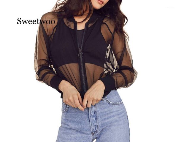 

transparent mesh sheer jackets 2020 summer thin long sleeve outwears women zipper beachwear coats1, Black;brown