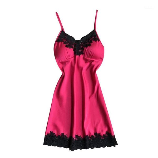 

satin sleepwear women ladies nightwear nightdress lingerie with chest pads femmede nuit camisola da mulher da noite qb21, Black;red