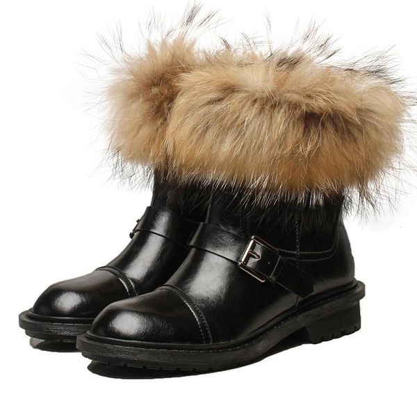 

boots women ankle fashion autumn winter warm snow shoes woman real fur med heels black genuine leather short 39