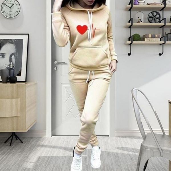 

women hoodies tracksuits autumn winter 2 piece set print drawstring pullover sweatshirt pants trousers sportswear suits outfit, Gray