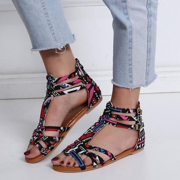 

sandals akexiya 2021 explosion women's shoes amazon summer flat bottom ethnic style bohemian print sandals1, Black