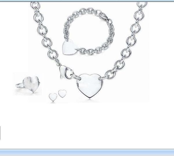 

2020 10 colors available stainless steel thick chian with heart plate bracelet and pendant necklaces earring ring set with box and dastbag, Silver