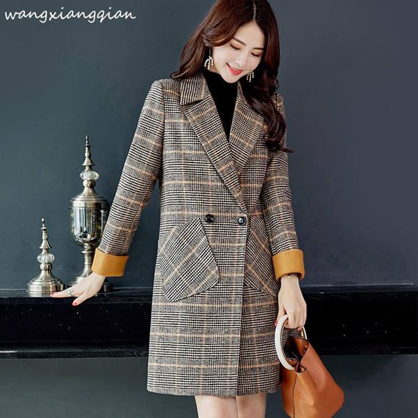 

women's wool & blends fashion lady 2021 autumn winter women plaid pockets mix office work long coats slim lapel sleeve a505, Black