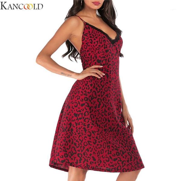 

kancoold women red leopard sling nightwear plus size -xxl lace nightgown sleepwear dress lingerie robe nightdress1, Black;red