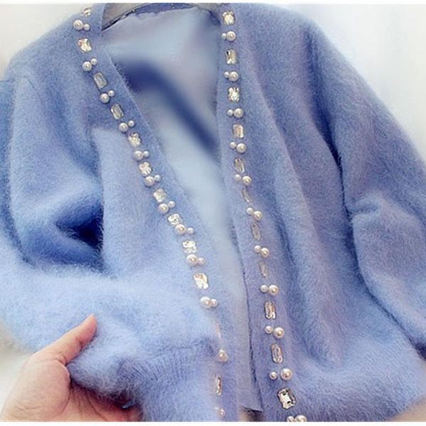 

women cardigans sweater beaded rhinestone pearl female mohair knitted cardigans blue autumn sweater for women1, White;black