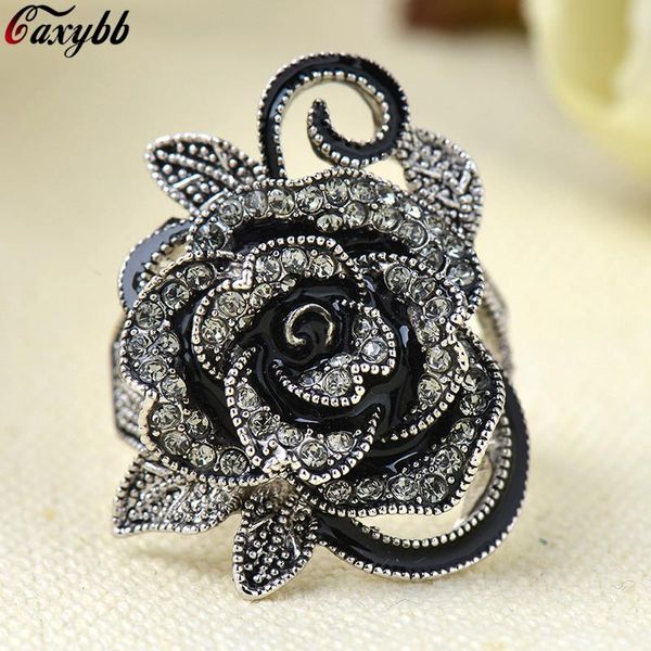 

wedding rings brand size 6-10 antique jewelry black crystal rhinestone big rose flower for women romantic vintage bijoux, Slivery;golden