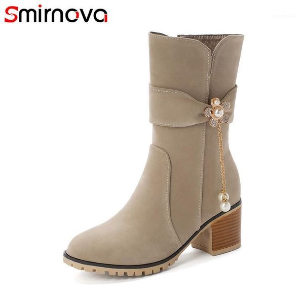 

boots smirnova 2021 winter autumn women round toe mid calf casual shoes metal decoration ladies high heels1, Black