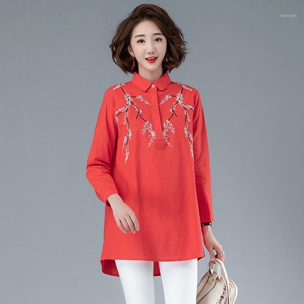 

2021 new autumn embroidery pullover commuter long sleeve solid color shirt all-match straight leg slim loose collar women shirt1, White