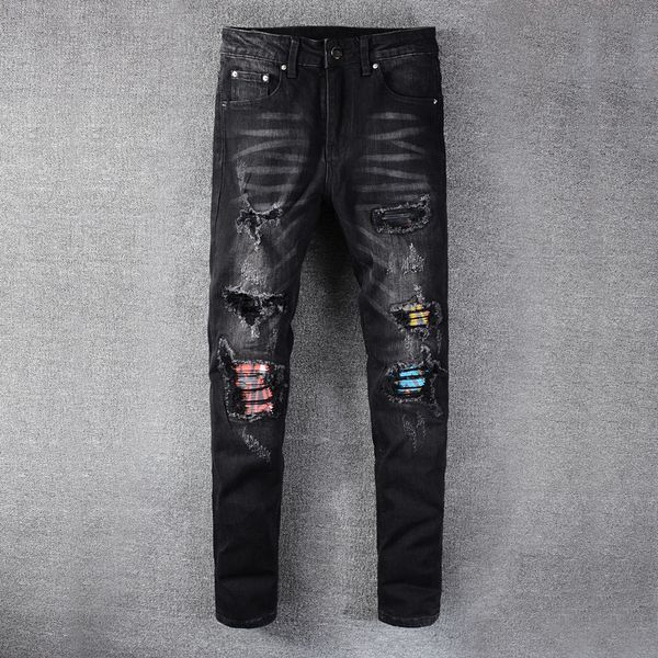 

2021 new newly fashion black color slim fit elastic ripped men denim punk pants patchwork designer hip hop jeans rxro, Blue