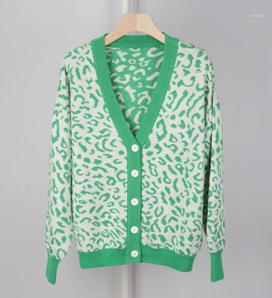 

women's leopard loose sweater v-neck long-sleeve single breasted casual knitwear cardigan 2019 autumn1, White