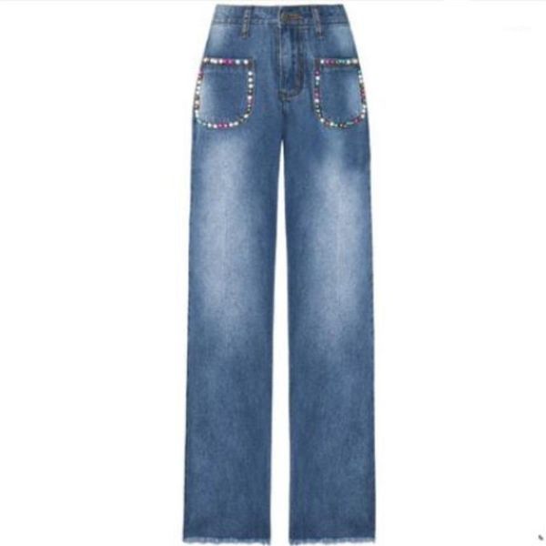 

jeans women loose 2020 summer new high waist pocket beading ankle length straight retro wide leg jeans1, Blue
