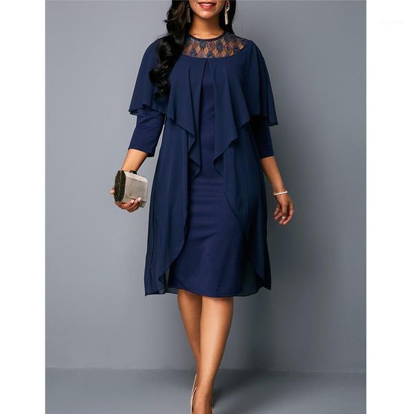 

2020 casual lace patchwork offical dress solid color vintage loose women summer dress1, Black;gray