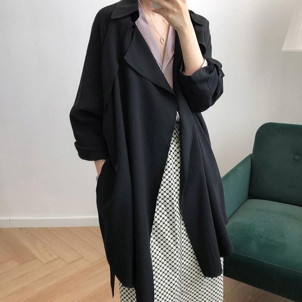 

elegant korean sashes thin light women trench turn down collar belt solid female midi trenches 20211013xhy, Tan;black