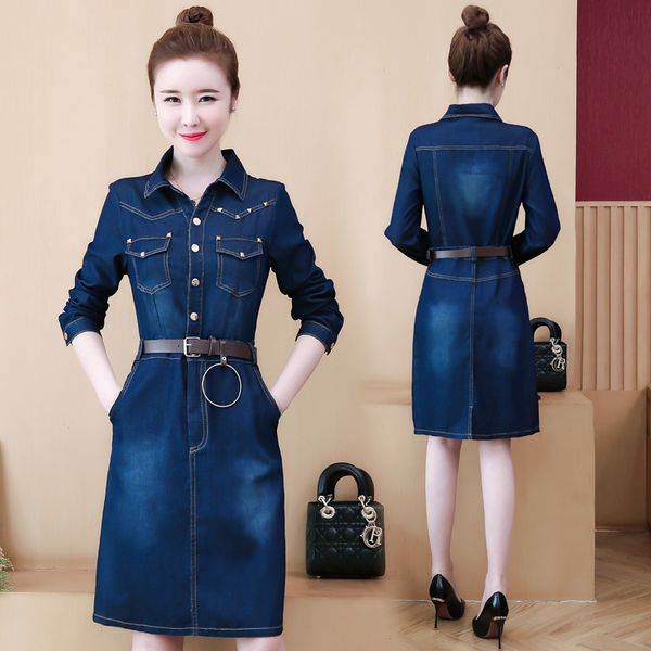 

2021 new spring autumn women denim new shirt collar long sleeve blue cowboy dress plus size 5xl ladies office dresses delivery belt 5p8v, Black;gray