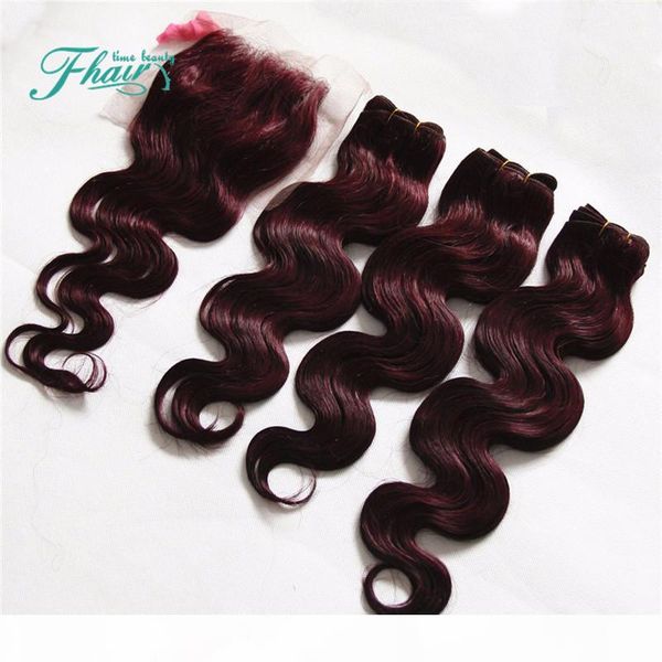 

pure color #99j wine red hair weaves with lace closure 4pcs lot 9a burgundy body wave human hair with closure, Black