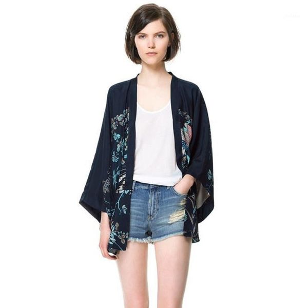 

wholesale- women europe and america fashion style retro print cardigan kimono ladies three quarter sleeve chiffon shirt woman's blouses, Black;brown