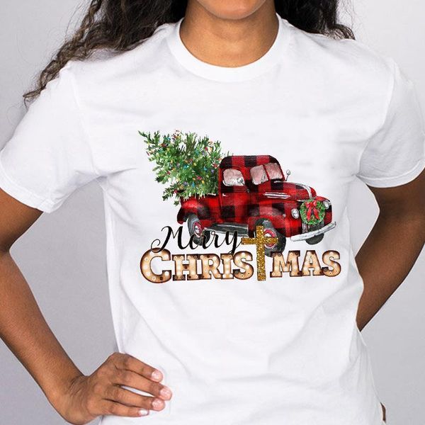 

женщины графический праздник грузовик дерево симпатичные новый год 90-х годов счастливого рождества одежда распечатать топы леди тис одежда, White