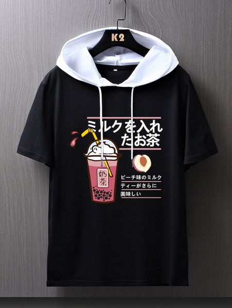 

men dessert & slogan graphic drawstring detail hooded tee q1jc#, White;black