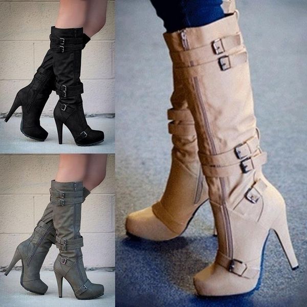 

plus size women high heel autumn mid calf boots female zip pu leather buckle platform thi heels ladies fashion botas mujer, Black